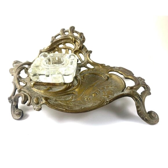 Antique Victorian Brass & Glass Inkwell Holder Desk Accessory With Ornate Design - Picture 1 of 9